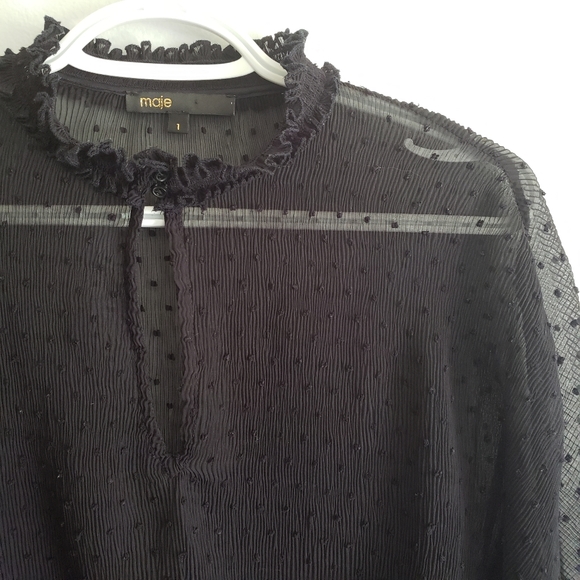 Maje Laurine Swiss Dot High Neck Ruffle Peplum Top - Picture 3 of 8